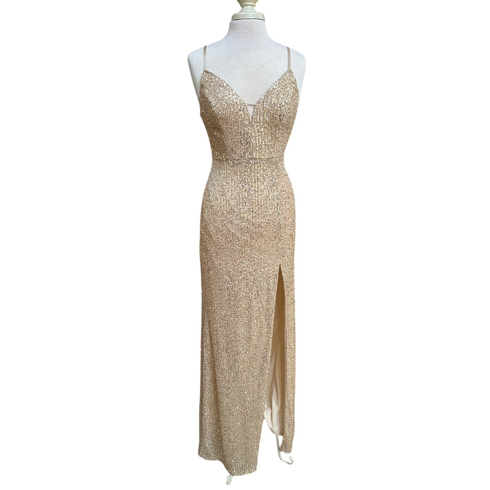 Speechless Sequin Maxi Dress Women S Gold Formal Evening Gown Prom Slit Lace Up